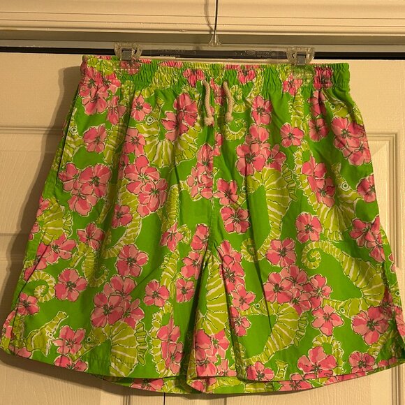 Mens LILLY PULITZER Sz L Green w/ Pink Flowers and green Seahorses Swim Trunks - Picture 1 of 6